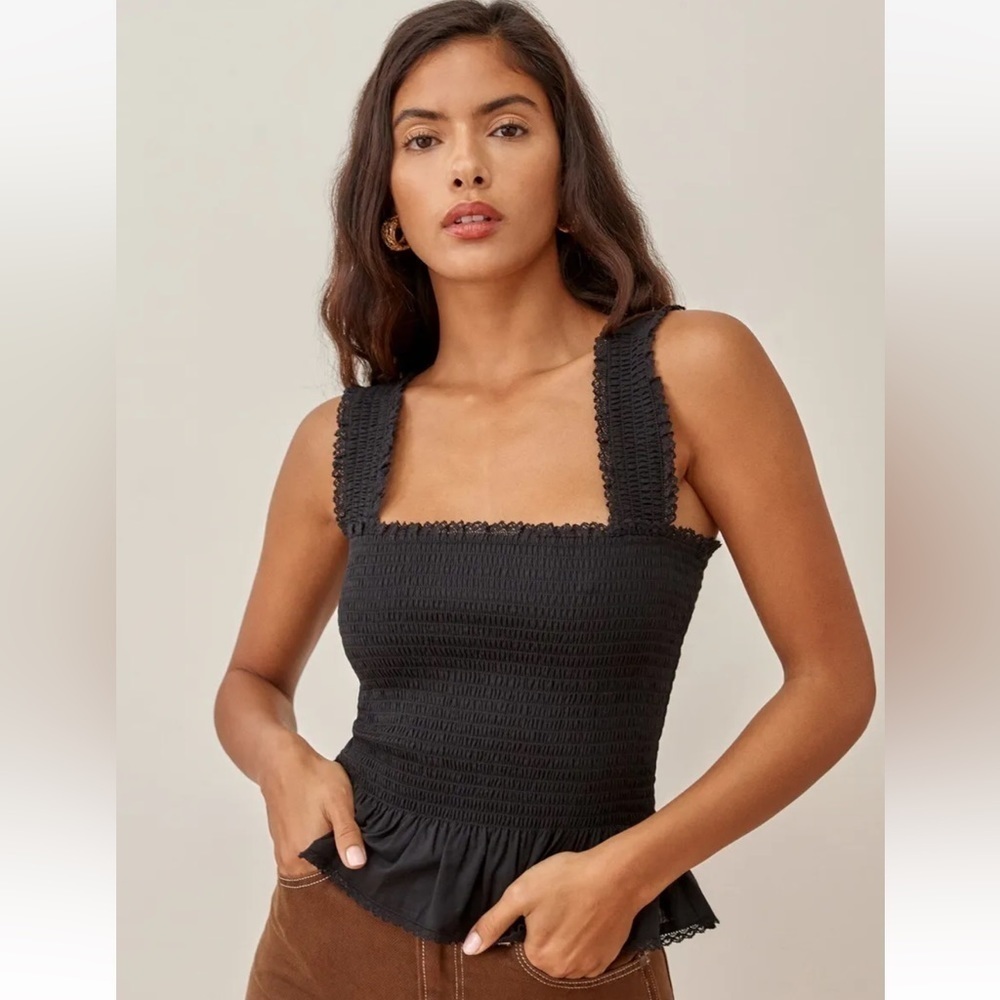 Reformation Black Oakleigh Sleeveless Voile Smocked Tank Top Size 1X Plus Size